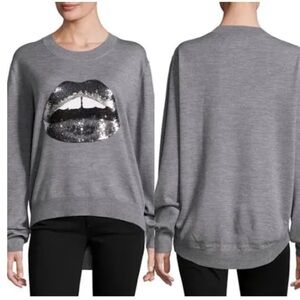 Markus Lupfer 100% merino wool gray  sequin lips sweater SMALL